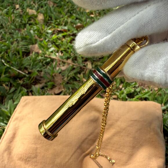 Vintage Gucci Golden Stick Perfume Bottle Necklace Webbing Green Red Sherry Line - Picture 5 of 11